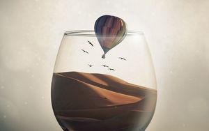 Preview wallpaper glass, desert, air balloon, illusion, sand, birds