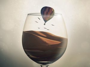 Preview wallpaper glass, desert, air balloon, illusion, sand, birds