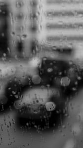 Preview wallpaper glass, drops, rain, cars, road, bw