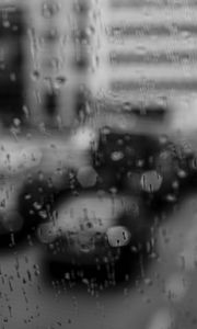 Preview wallpaper glass, drops, rain, cars, road, bw