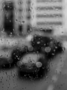 Preview wallpaper glass, drops, rain, cars, road, bw