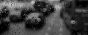 Preview wallpaper glass, drops, rain, cars, road, bw