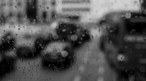 Preview wallpaper glass, drops, rain, cars, road, bw