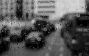 Preview wallpaper glass, drops, rain, cars, road, bw