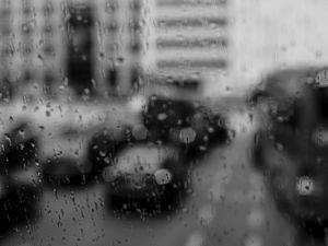 Preview wallpaper glass, drops, rain, cars, road, bw