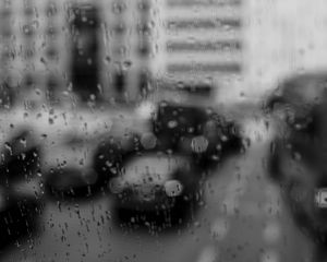 Preview wallpaper glass, drops, rain, cars, road, bw