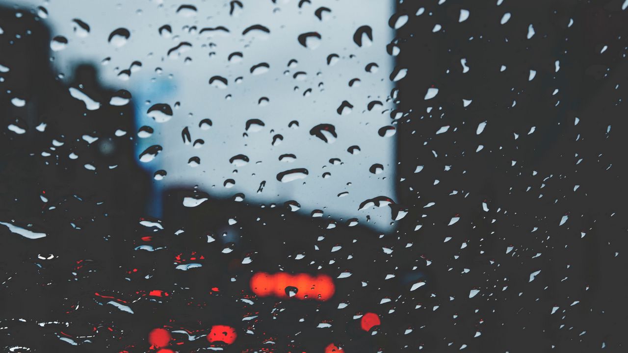 Wallpaper glass, drops, rain, glare, bokeh, red, black