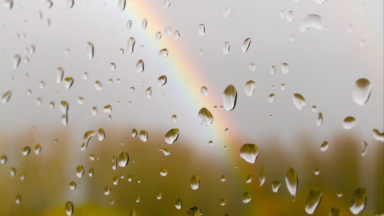 Wallpaper glass, drops, rain, rainbow, blur, macro