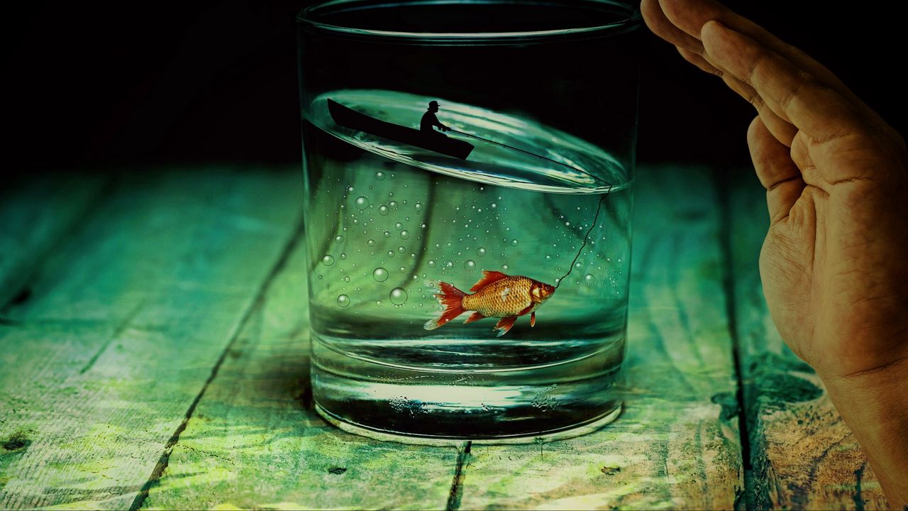 Wallpaper glass, fish, fisherman, photoshop