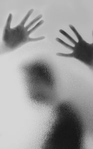 Preview wallpaper glass, hands, prints, silhouette, black and white