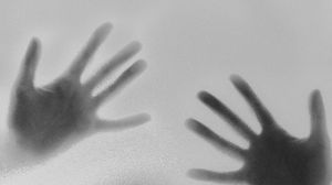 Preview wallpaper glass, hands, prints, silhouette, black and white