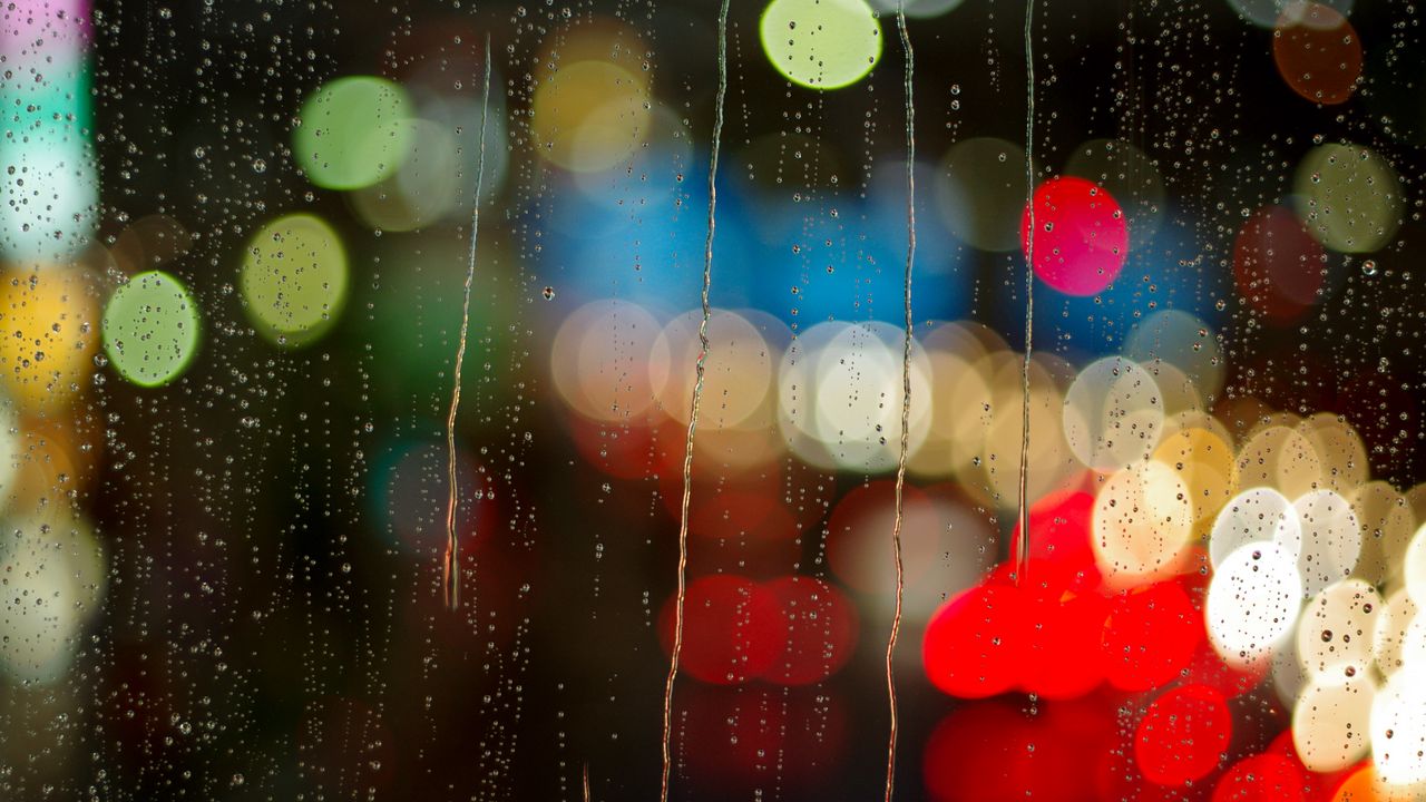 Wallpaper glass, rain, drops, bokeh, night