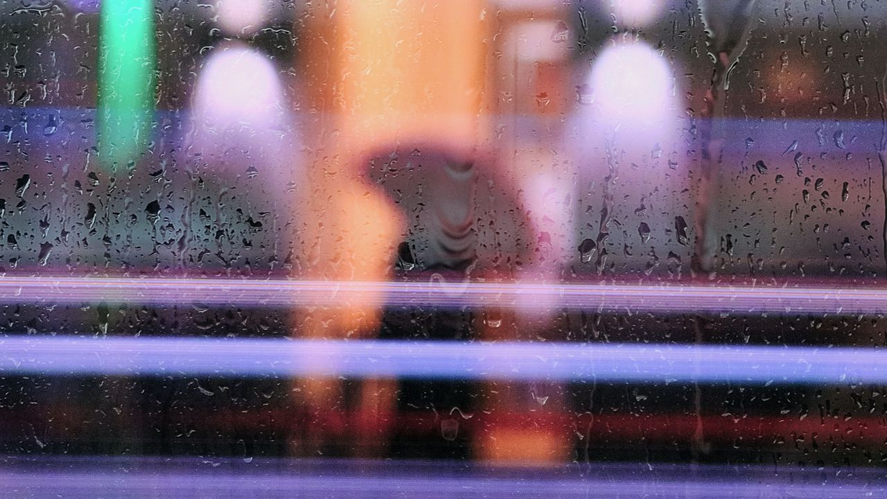 Wallpaper glass, water, neon, silhouette, rain