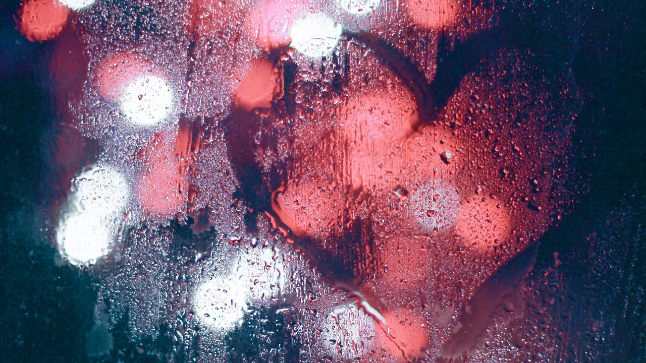 Wallpaper glass, wet, heart, lights, blur