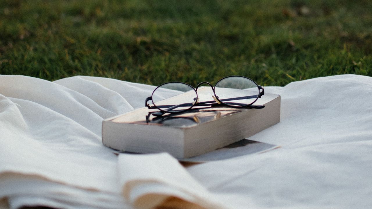 Wallpaper glasses, book, grass, relax