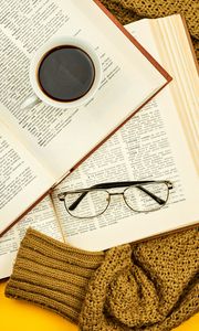 Preview wallpaper glasses, coffee, book, sweater, text