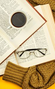 Preview wallpaper glasses, coffee, book, sweater, text