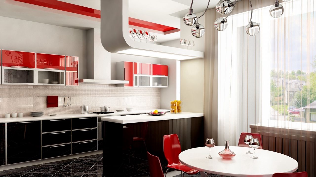 Wallpaper glasses, design, red kitchen, chandelier, window, style, table, chairs