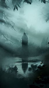 Preview wallpaper gloomy, silhouette, reflection, water, forest