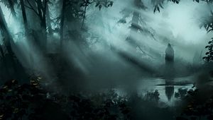 Preview wallpaper gloomy, silhouette, reflection, water, forest