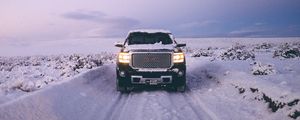 Preview wallpaper gmc sierra, gmc, pickup, suv, black, front view, snow, winter, offroad