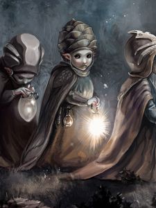 Preview wallpaper gnomes, lanterns, way, night
