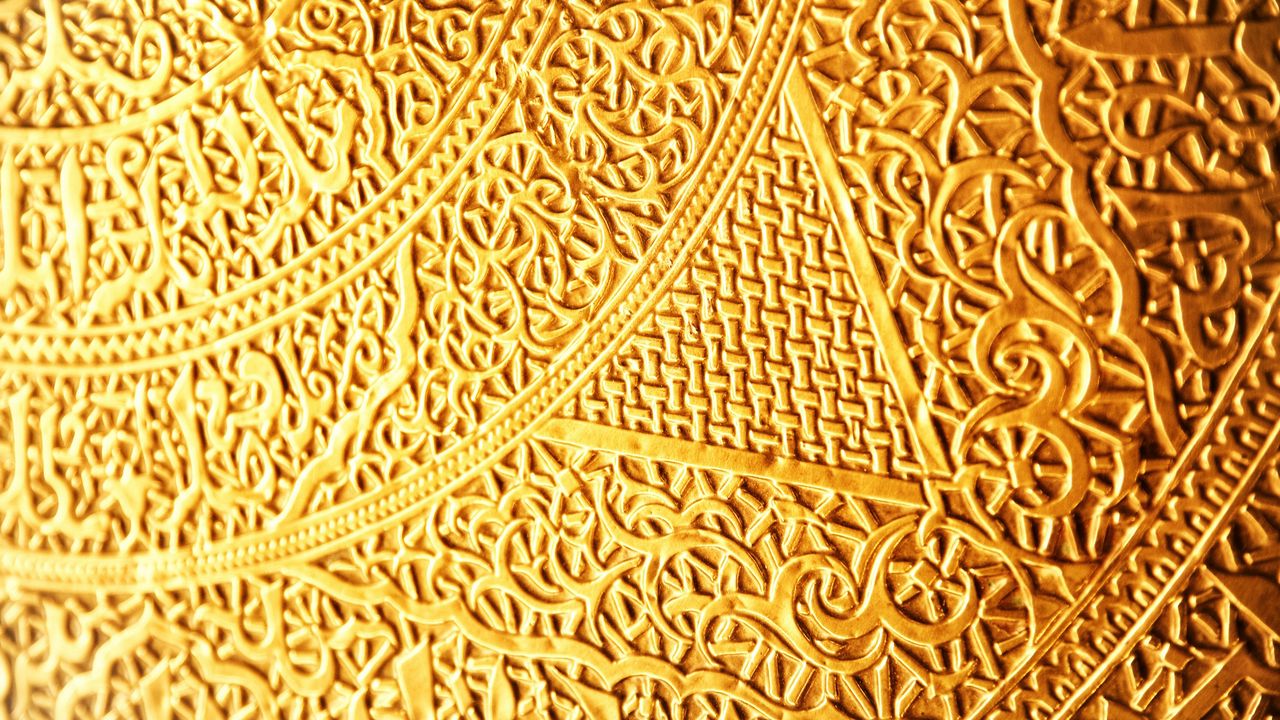 Wallpaper gold, pattern, ligature, runes, weaving, ancient, plexus