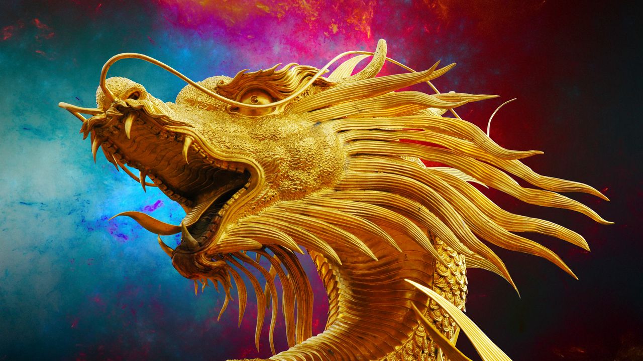 Wallpaper golden dragon, dragon, mane, face