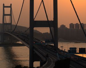 Preview wallpaper golden gate, bridge, road, river, city, buildings, sunset