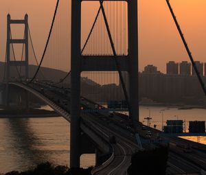 Preview wallpaper golden gate, bridge, road, river, city, buildings, sunset