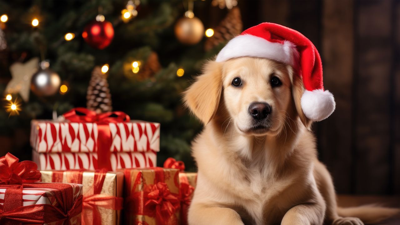 Wallpaper golden retriever, retriever, dog, pet, santa claus, gifts, new year, christmas