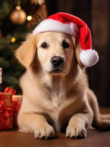 Preview wallpaper golden retriever, retriever, dog, pet, santa claus, gifts, new year, christmas