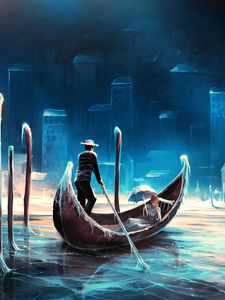 Preview wallpaper gondola, river, ice, night, art