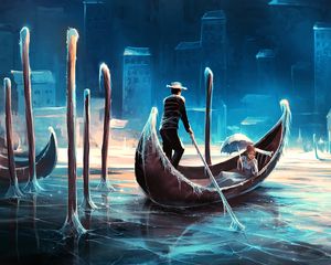 Preview wallpaper gondola, river, ice, night, art