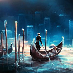 Preview wallpaper gondola, river, ice, night, art