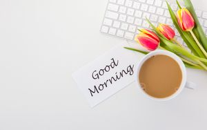 Preview wallpaper good, morning, inscription, phrase, coffee, tulips, keyboard