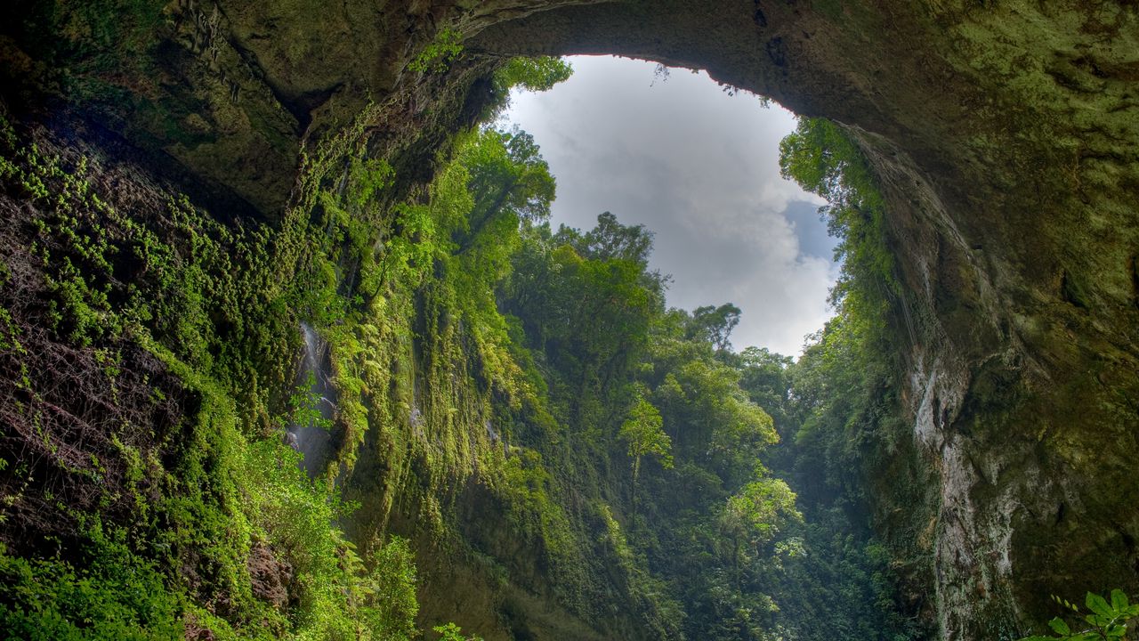 Wallpaper gorge, arch, rock, vegetation, green, sky, clouds, from below