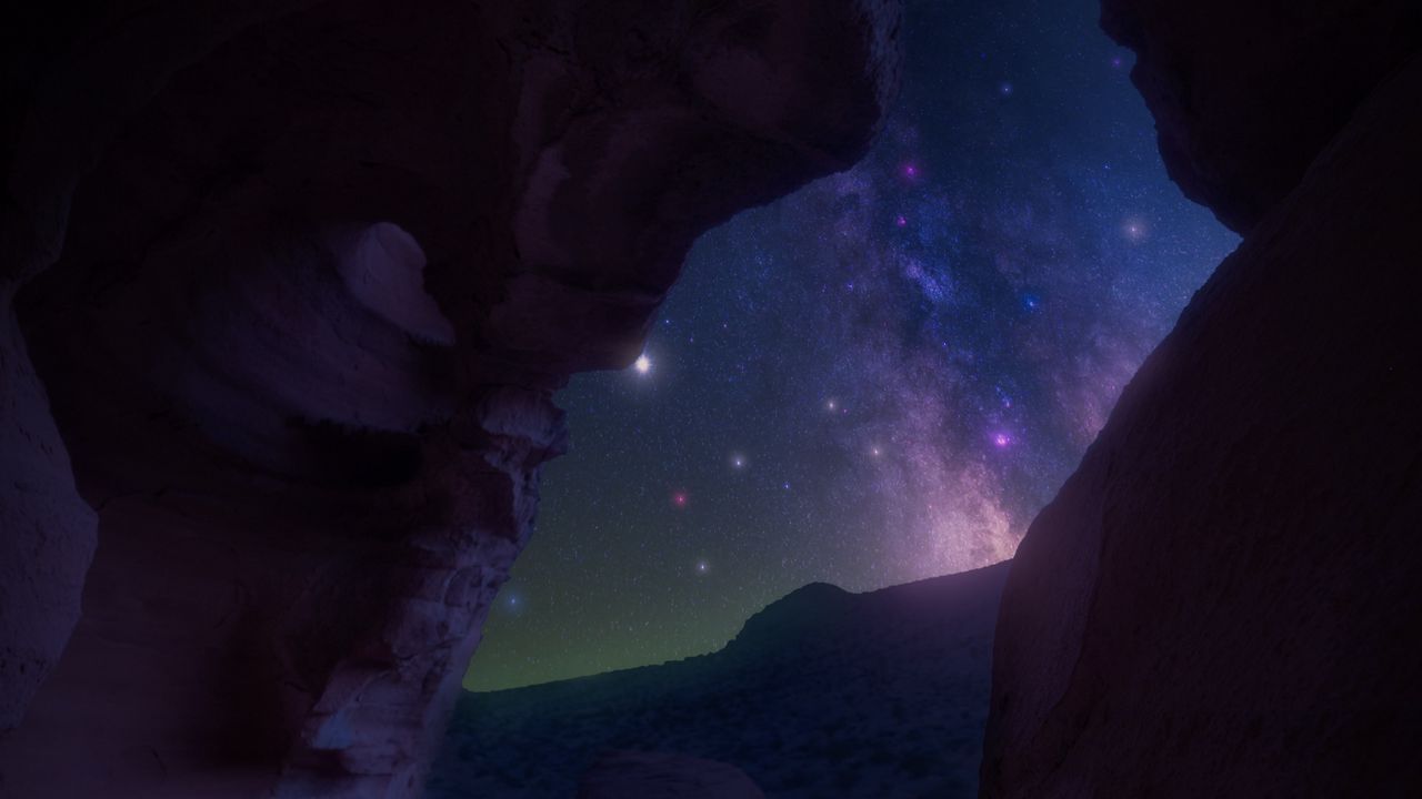 Wallpaper gorge, cave, rocks, night, nebula