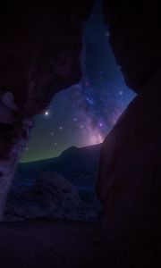 Preview wallpaper gorge, cave, rocks, night, nebula