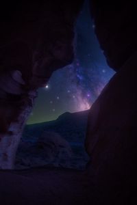 Preview wallpaper gorge, cave, rocks, night, nebula