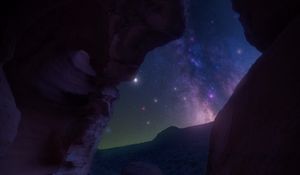 Preview wallpaper gorge, cave, rocks, night, nebula