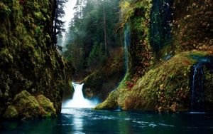 Preview wallpaper gorges, waterfalls, moss, rocks, mystery, color