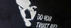 Preview wallpaper graffiti, art, bw, question, trust
