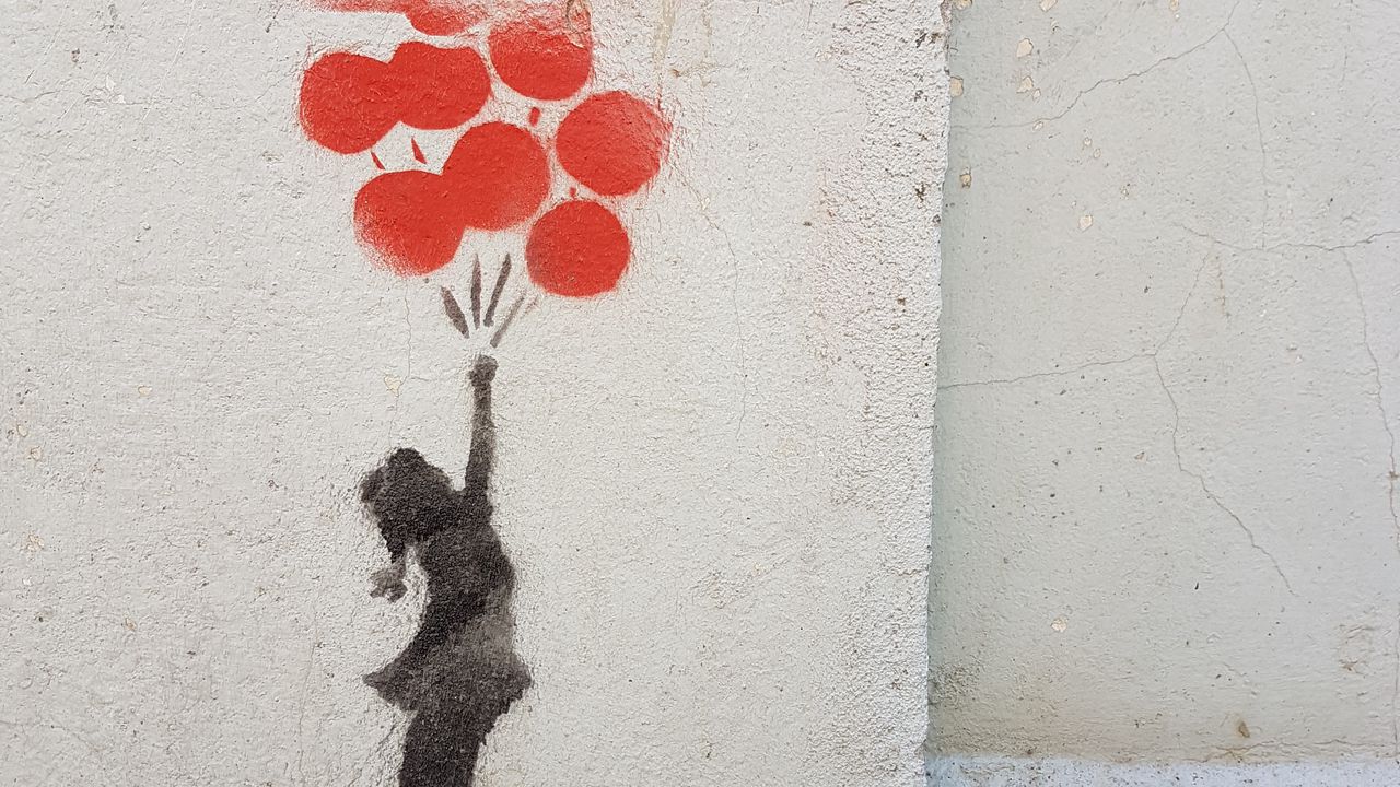 Wallpaper graffiti, child, balloons, street art, wall, paint
