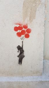 Preview wallpaper graffiti, child, balloons, street art, wall, paint