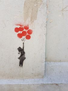 Preview wallpaper graffiti, child, balloons, street art, wall, paint