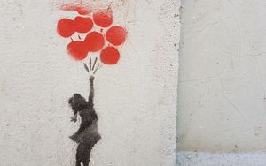 Preview wallpaper graffiti, child, balloons, street art, wall, paint