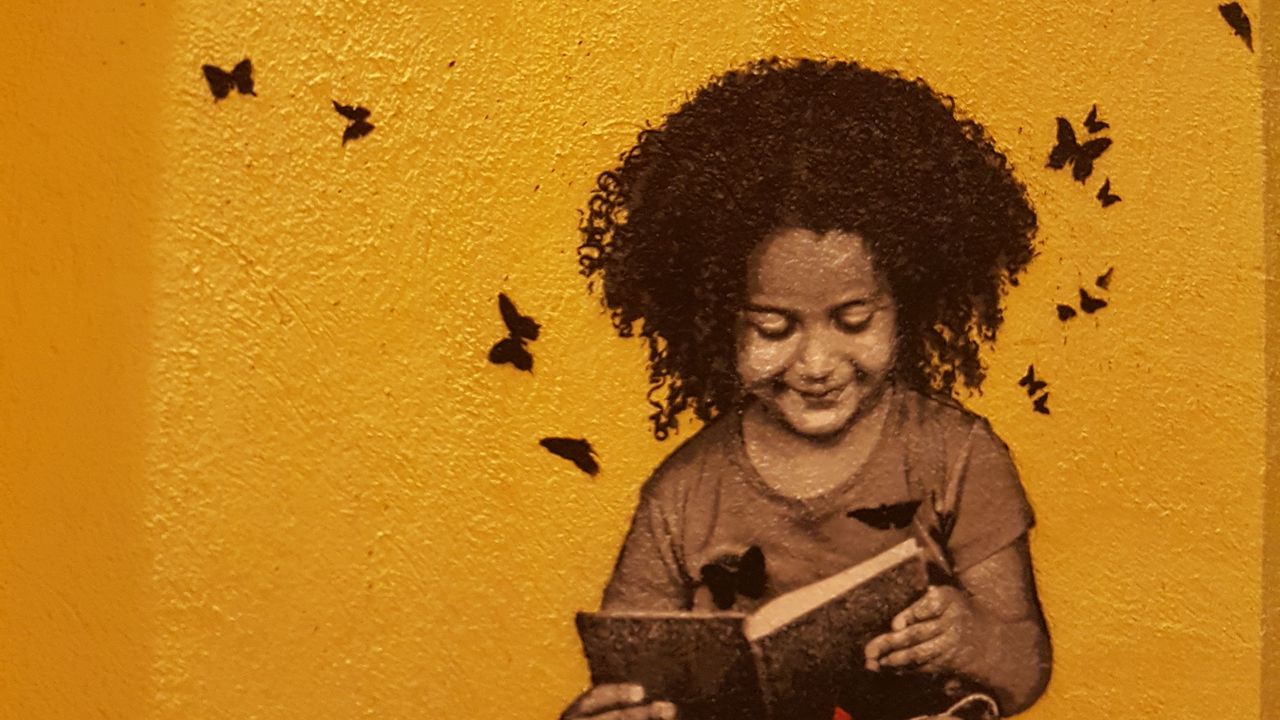 Wallpaper graffiti, child, reading, book, street art
