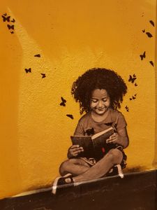 Preview wallpaper graffiti, child, reading, book, street art