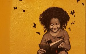 Preview wallpaper graffiti, child, reading, book, street art